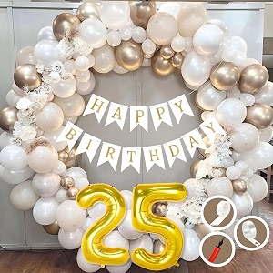25th birthday decoration items for white and gold theme combination for boys girls  50 pc golden white orange balloon  white birthday banner  balloon pump  arch tape  glue dots
