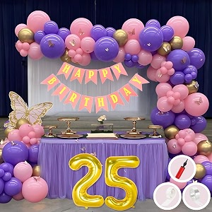 25th birthday decoration items for pink and purple theme combination for girls princes  50 pcs pink purple gold balloon  pink birthday banner  balloon pump  arch tape  glue dots