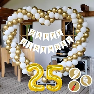 25th birthday decoration items for golden and white theme combination for boys girls  50 pcs gold white balloon  white birthday banner  balloon pump  arch tape  glue dots