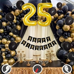 25th birthday decoration items for black and gold theme combination for boys girls  50 pcs black gold balloon  black birthday banner  balloon pump  arch tape  glue dots