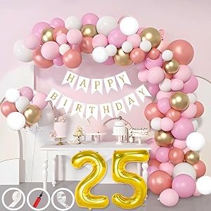 25th birthday decoration items for pink and white theme combination for girls 50 pcs pink white gold rose gold balloon white birthday banner balloon pump arch tape glue dots