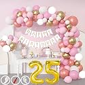 25th Birthday Decoration Items for Pink and White Theme Combination for Girls| 50 Pcs Pink White Gold Rose Gold Balloon| White Birthday Banner| Balloon Pump| Arch Tape| Glue Dots