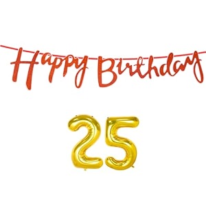 25th happy birthday decoration kit orange for 25 year old boys girls with number twenty-five decorations decor celebration items item set combo reusable cursive banner