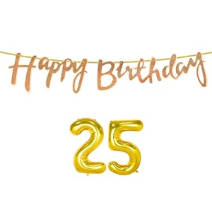 25th happy birthday decoration kit rose gold for 25 year old boys girls women with number twenty-five decorations decor celebration items item set combo reusable cursive banner