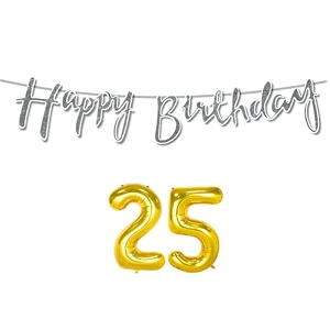 25th happy birthday decoration kit silver for 25 year old boys girls women with number twenty-five decorations decor celebration items item set combo reusable cursive banner