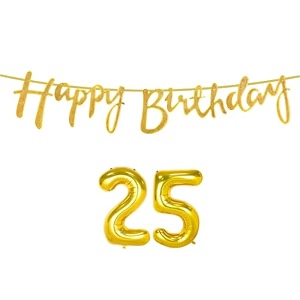 25th happy birthday decoration kit golden for 25 year old boys girls women with number twenty-five decorations decor celebration items item set combo reusable cursive banner