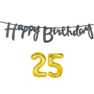 25th happy birthday decoration kit black for 25 year old boys girl men with number twenty-five decorations decor celebration items item set combo reusable cursive banner