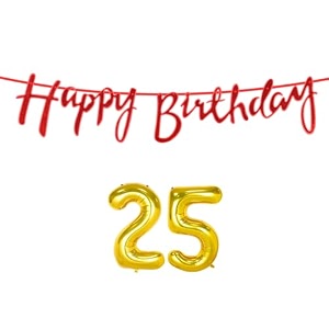 25th happy birthday decoration kit red for 25 year old boys girls women with number twenty-five decorations decor celebration items item set combo reusable cursive banner