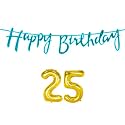 25th Happy Birthday Decoration Kit Blue for 25 Year Old Boys Girls Men with Number Twenty-five Decorations Decor Celebration Items Item Set Combo Reusable Cursive Banner