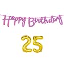 25th Happy Birthday Decoration Kit Dark Pink for 25 Year Old Boys Girls Women with Number Twenty-five Decorations Decor Celebration Items Item Set Combo Reusable Cursive Banner