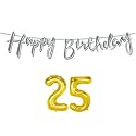 25th Happy Birthday Decoration Kit Silver for 25 Year Old Boys Girls Women with Number Twenty-five Decorations Decor Celebration Items Item Set Combo Reusable Cursive Banner