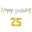 25th Happy Birthday Decoration Kit Multicolour for 25 Year Old Boys Girls Men with Number Twenty-five Decorations Decor Items Item Set Combo Reusable Cursive Banner