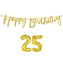 25th Happy Birthday Decoration Kit Golden for 25 Year Old Boys Girls Women with Number Twenty-five Decorations Decor Celebration Items Item Set Combo Reusable Cursive Banner