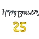 25th Happy Birthday Decoration Kit Black for 25 Year Old Boys Girl Men with Number Twenty-five Decorations Decor Celebration Items Item Set Combo Reusable Cursive Banner