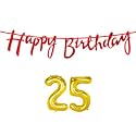 25th Happy Birthday Decoration Kit Red for 25 Year Old Boys Girls Women with Number Twenty-five Decorations Decor Celebration Items Item Set Combo Reusable Cursive Banner