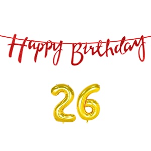 26th happy birthday decoration kit red for 26 year old boys girls women with number twenty-six decorations decor celebration items item set combo reusable cursive banner