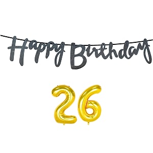 26th happy birthday decoration kit black for 26 year old boys girls men with number twenty-six decorations decor celebration items item set combo reusable cursive banner