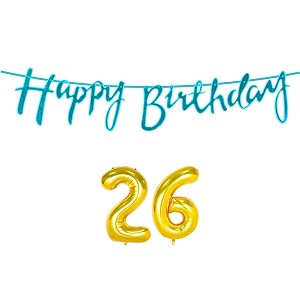 26th happy birthday decoration kit blue for 26 year old boys girls men with number twenty-six decorations decor celebration items item set combo reusable cursive banner