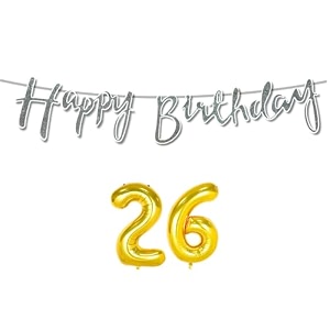 26th happy birthday decoration kit silver for 26 year old boys girls women with number twenty-six decorations decor celebration items item set combo reusable cursive banner