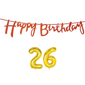 26th happy birthday decoration kit orange for 26 year old boys girls men with number twenty-six decorations decor celebration items item set combo reusable cursive banner