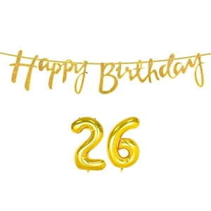 26th happy birthday decoration kit golden for 26 year old boys girls women with number twenty-six decorations decor celebration items item set combo reusable cursive banner
