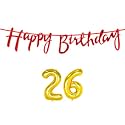 26th Happy Birthday Decoration Kit Red for 26 Year Old Boys Girls Women with Number Twenty-six Decorations Decor Celebration Items Item Set Combo Reusable Cursive Banner