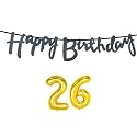 26th Happy Birthday Decoration Kit Black for 26 Year Old Boys Girls Men with Number Twenty-six Decorations Decor Celebration Items Item Set Combo Reusable Cursive Banner