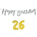 26th Happy Birthday Decoration Kit Silver for 26 Year Old Boys Girls Women with Number Twenty-six Decorations Decor Celebration Items Item Set Combo Reusable Cursive Banner