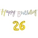 26th Happy Birthday Decoration Kit Multicolour for 26 Year Old Boys Girls Men with Number Twenty-six Decorations Decor Items Item Set Combo Reusable Cursive Banner