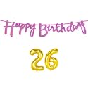 26th Happy Birthday Decoration Kit Dark Pink for 26 Year Old Boys Girls Women with Number Twenty-six Decorations Decor Celebration Items Item Set Combo Reusable Cursive Banner