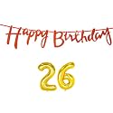 26th Happy Birthday Decoration Kit Orange for 26 Year Old Boys Girls Men with Number Twenty-six Decorations Decor Celebration Items Item Set Combo Reusable Cursive Banner