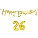 26th Happy Birthday Decoration Kit Golden for 26 Year Old Boys Girls Women with Number Twenty-six Decorations Decor Celebration Items Item Set Combo Reusable Cursive Banner