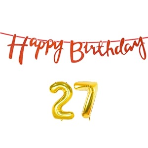 27th happy birthday decoration kit orange for 27 year old boys girls men with number twenty-seven decorations decor celebration items item set combo reusable cursive banner