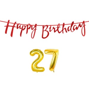 27th happy birthday decoration kit red for 27 year old boys girls women with number twenty-seven decorations decor celebration items item set combo reusable cursive banner