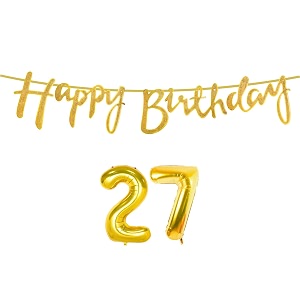 27th happy birthday decoration kit golden for 27 year old boys girls women with number twenty-seven decorations decor celebration items item set combo reusable cursive banner