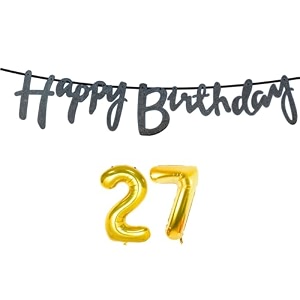 27th happy birthday decoration kit black for 27 year old boys girls with number twenty-seven decorations decor celebration items item set combo reusable cursive banner