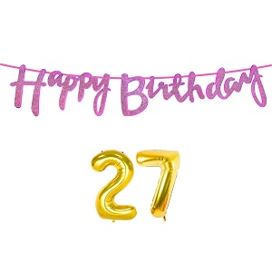 27th happy birthday decoration kit dark pink for 27 year old boys girl women with number twenty-seven decorations decor celebration items item set combo reusable cursive banner