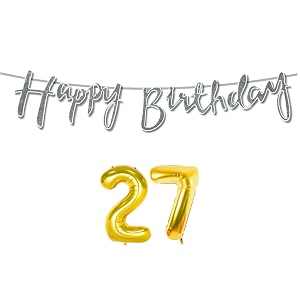 27th happy birthday decoration kit silver for 27 year old boys girls women with number twenty-seven decorations decor celebration items item set combo reusable cursive banner