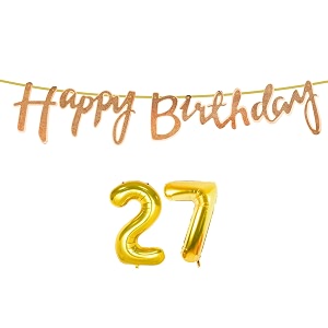 27th happy birthday decoration kit rose gold for 27 year old boys girl women with number twenty-seven decorations decor celebration items item set combo reusable cursive banner