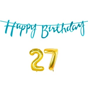 27th happy birthday decoration kit blue for 27 year old boys girls men with number twenty-seven decorations decor celebration items item set combo reusable cursive banner