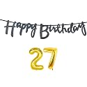 27th Happy Birthday Decoration Kit Black for 27 Year Old Boys Girls with Number Twenty-seven Decorations Decor Celebration Items Item Set Combo Reusable Cursive Banner