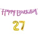 27th Happy Birthday Decoration Kit Dark Pink for 27 Year Old Boys Girl Women with Number Twenty-seven Decorations Decor Celebration Items Item Set Combo Reusable Cursive Banner
