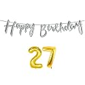 27th Happy Birthday Decoration Kit Silver for 27 Year Old Boys Girls Women with Number Twenty-seven Decorations Decor Celebration Items Item Set Combo Reusable Cursive Banner