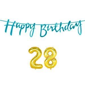 28th happy birthday decoration kit blue for 28 year old boys girls men with number twenty-eight decorations decor celebration items item set combo reusable cursive banner