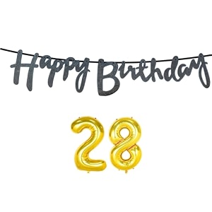28th happy birthday decoration kit black for 28 year old boys girls with number twenty-eight decorations decor celebration items item set combo reusable cursive banner