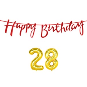 28th happy birthday decoration kit red for 28 year old boys girls women with number twenty-eight decorations decor celebration items item set combo reusable cursive banner