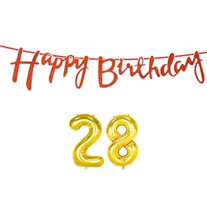 28th happy birthday decoration kit orange for 28 year old boys girls men with number twenty-eight decorations decor celebration items item set combo reusable cursive banner