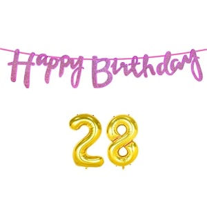 28th happy birthday decoration kit dark pink for 28 year old boys girl women with number twenty-eight decorations decor celebration items item set combo reusable cursive banner