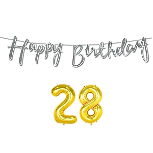 28th happy birthday decoration kit silver for 28 year old boys girls women with number twenty-eight decorations decor celebration items item set combo reusable cursive banner