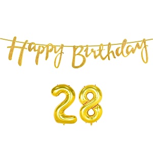 28th happy birthday decoration kit golden for 28 year old boys girls women with number twenty-eight decorations decor celebration items item set combo reusable cursive banner